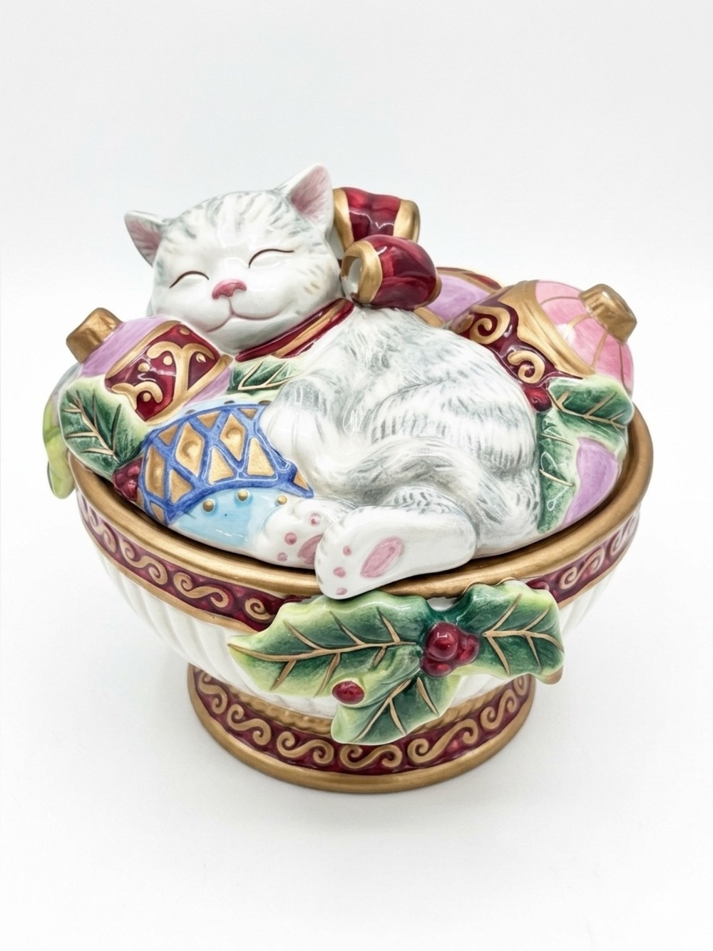 Fitz and Floyd Kristmas Kitty Lidded Box Candy Dish Trinket Jar Holiday Decor